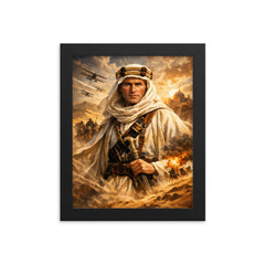 T E Lawrence in desert robes framed print on a plain backdrop in size 8"x10".
