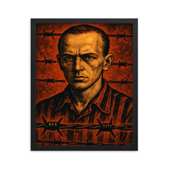 Tadeusz Borowski barbed wire witness portrait framed print on a plain backdrop in size 16"x20".