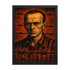 Tadeusz Borowski barbed wire witness portrait framed print on a plain backdrop in size 18"x24".