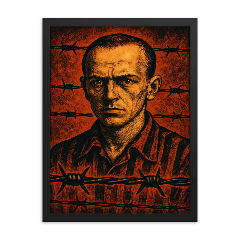 Tadeusz Borowski barbed wire witness portrait framed print on a plain backdrop in size 18