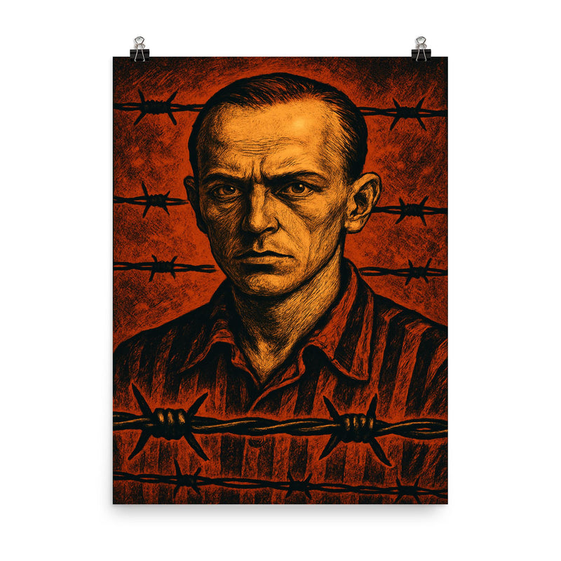 Tadeusz Borowski barbed wire witness portrait poster on a plain backdrop in size 8