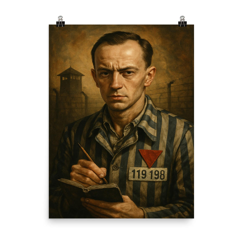 Tadeusz Borowski camp writer portrait poster on a plain backdrop in size 8