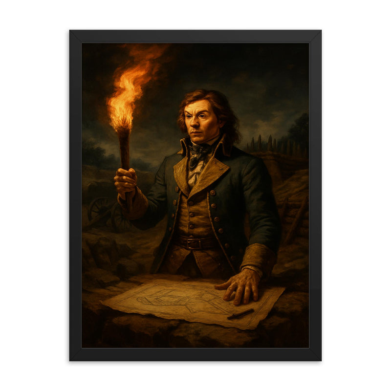 Tadeusz Kościuszko at Saratoga fortifications by torchlight framed print on a plain backdrop in size 18