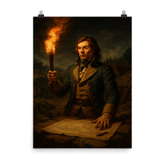 Tadeusz Kościuszko at Saratoga fortifications by torchlight poster on a plain backdrop in size 8"x10".