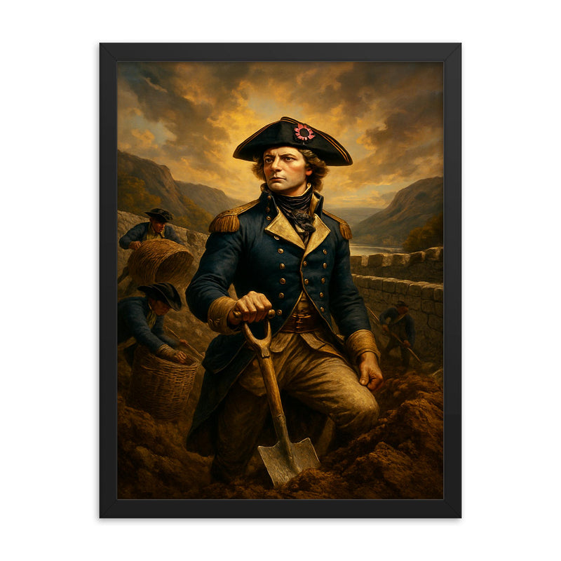 Tadeusz Kościuszko fortifying West Point ramparts framed print on a plain backdrop in size 18