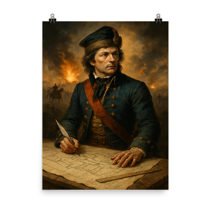 Tadeusz Kościuszko over battlefield engineering plans poster on a plain backdrop in size 8