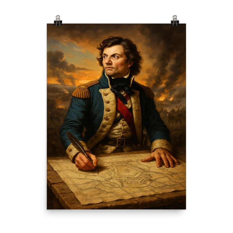 Tadeusz Kościuszko over battlefield engineering plans poster on a plain backdrop in size 8