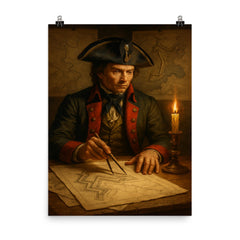 Tadeusz Kosciuszko engineering fortifications beside battle maps poster on a plain backdrop in size 8"x10".