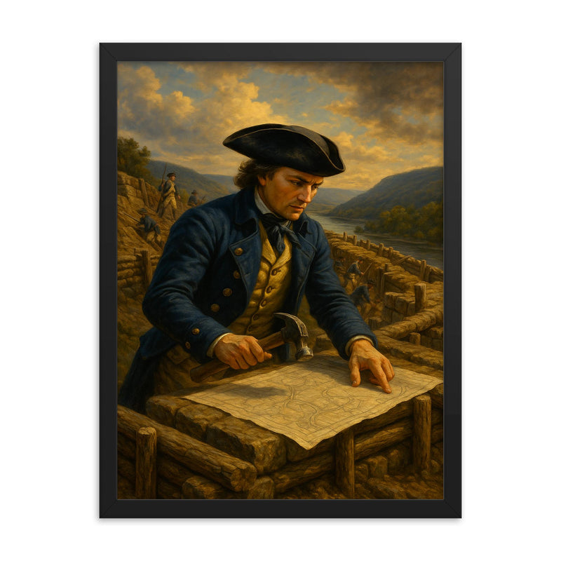 Tadeusz Kosciuszko fortifying West Point ramparts framed print on a plain backdrop in size 18