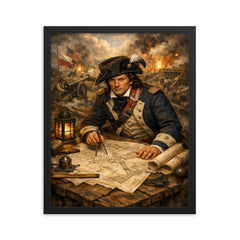 Tadeusz Kosciuszko over battlefield engineering plans framed print on a plain backdrop in size 16"x20".