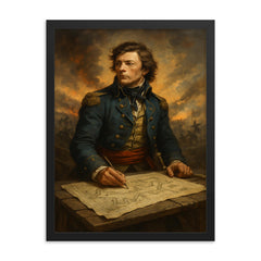 Tadeusz Kosciuszko over battlefield engineering plans framed print on a plain backdrop in size 18"x24".