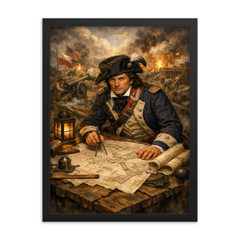 Tadeusz Kosciuszko over battlefield engineering plans framed print on a plain backdrop in size 18