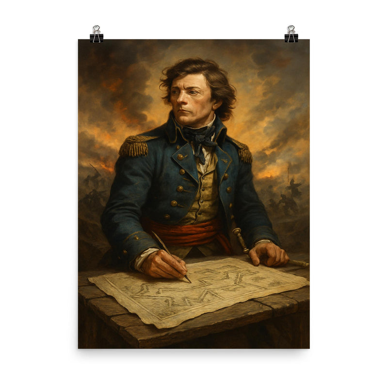 Tadeusz Kosciuszko over battlefield engineering plans poster on a plain backdrop in size 8