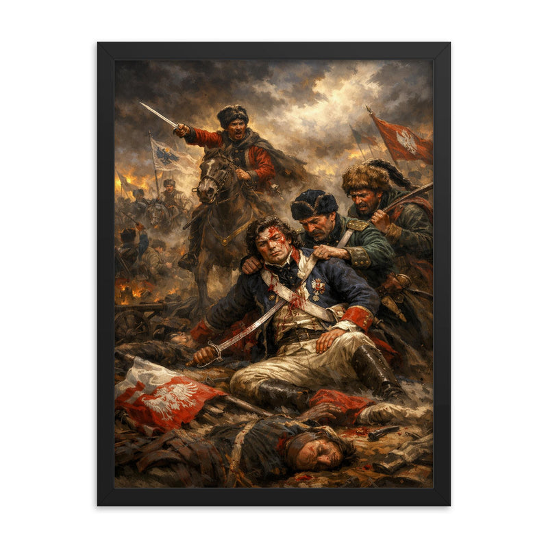 Tadeusz Kosciuszko wounded at Maciejowice framed print on a plain backdrop in size 18