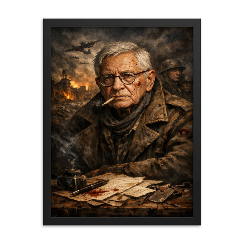 Tadeusz Rozewicz war scarred poet portrait framed print on a plain backdrop in size 18