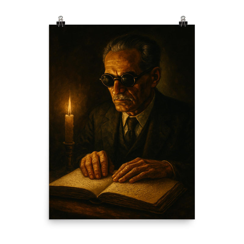 Taha Hussein reading by touch in darkness poster on a plain backdrop in size 8