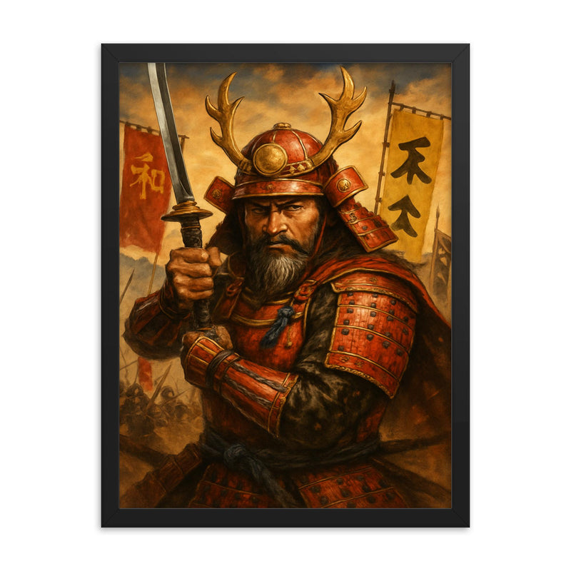 Takeda Shingen furinkazan battle portrait framed print on a plain backdrop in size 18