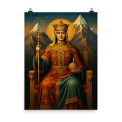 Tamar of Georgia enthroned beneath mountain icons poster on a plain backdrop in size 8"x10".