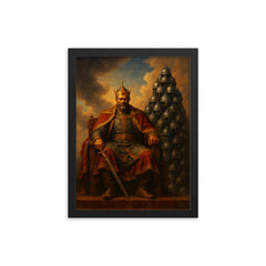 Tamerlane enthroned before tower of helmets framed print on a plain backdrop in size 12"x16".