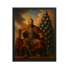 Tamerlane enthroned before tower of helmets framed print on a plain backdrop in size 16"x20".