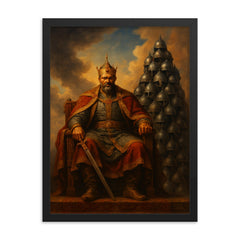 Tamerlane enthroned before tower of helmets framed print on a plain backdrop in size 18"x24".