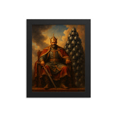 Tamerlane enthroned before tower of helmets framed print on a plain backdrop in size 8"x10".