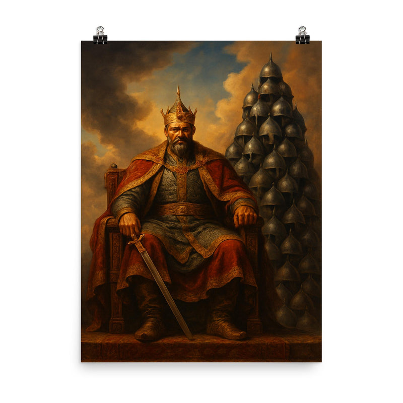 Tamerlane enthroned before tower of helmets poster on a plain backdrop in size 8