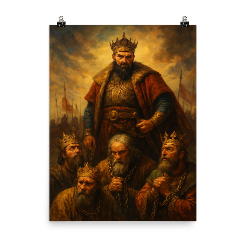 Tamerlane inspecting conquered kings in chains poster on a plain backdrop in size 8