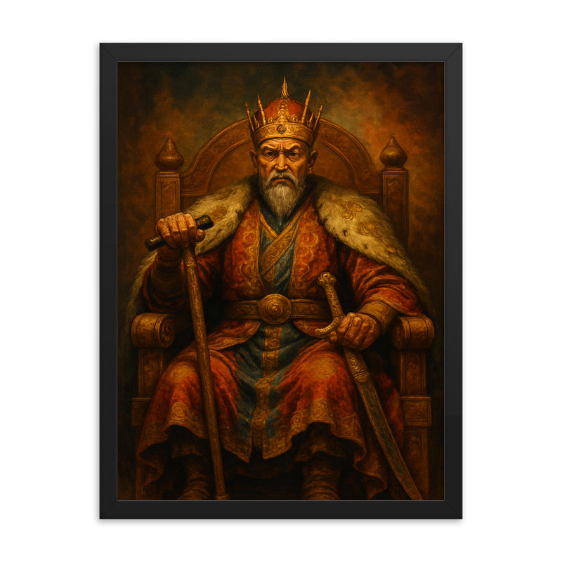 Tamerlane iron crutch throne portrait framed print on a plain backdrop in size 18