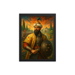 Tamerlane omitted replace with Babur garden warfare portrait framed print on a plain backdrop in size 12"x16".