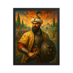 Tamerlane omitted replace with Babur garden warfare portrait framed print on a plain backdrop in size 16"x20".