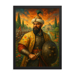 Tamerlane omitted replace with Babur garden warfare portrait framed print on a plain backdrop in size 18"x24".