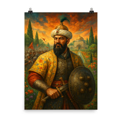 Tamerlane omitted replace with Babur garden warfare portrait poster on a plain backdrop in size 8"x10".