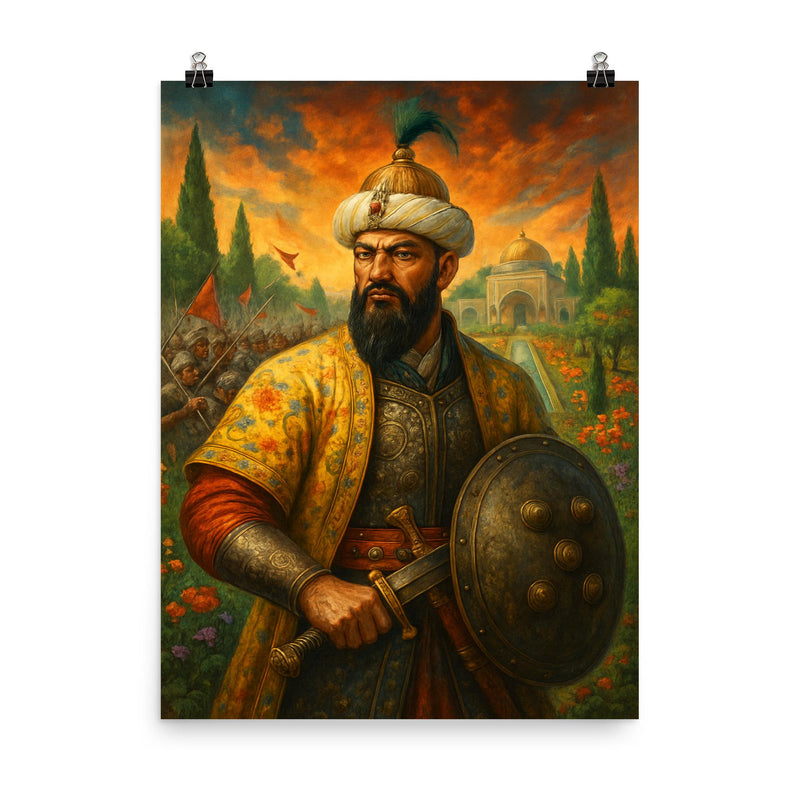 Tamerlane omitted replace with Babur garden warfare portrait poster on a plain backdrop in size 8