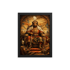 Tamerlane on jeweled throne map framed print on a plain backdrop in size 12"x16".