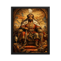 Tamerlane on jeweled throne map framed print on a plain backdrop in size 16"x20".