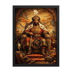 Tamerlane on jeweled throne map framed print on a plain backdrop in size 18"x24".