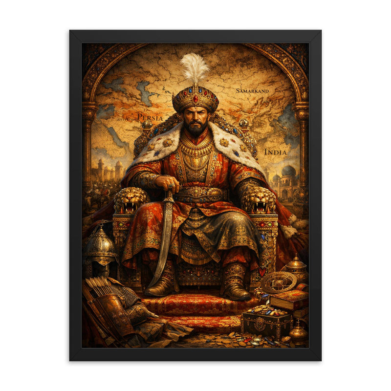 Tamerlane on jeweled throne map framed print on a plain backdrop in size 18