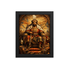 Tamerlane on jeweled throne map framed print on a plain backdrop in size 8"x10".