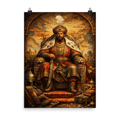 Tamerlane on jeweled throne map poster on a plain backdrop in size 8"x10".