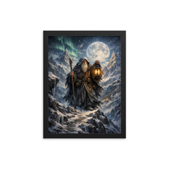 Tarot like Hermit atop icy mountain pass framed print on a plain backdrop in size 12"x16".