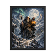 Tarot like Hermit atop icy mountain pass framed print on a plain backdrop in size 16"x20".