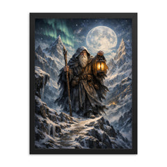 Tarot like Hermit atop icy mountain pass framed print on a plain backdrop in size 18"x24".