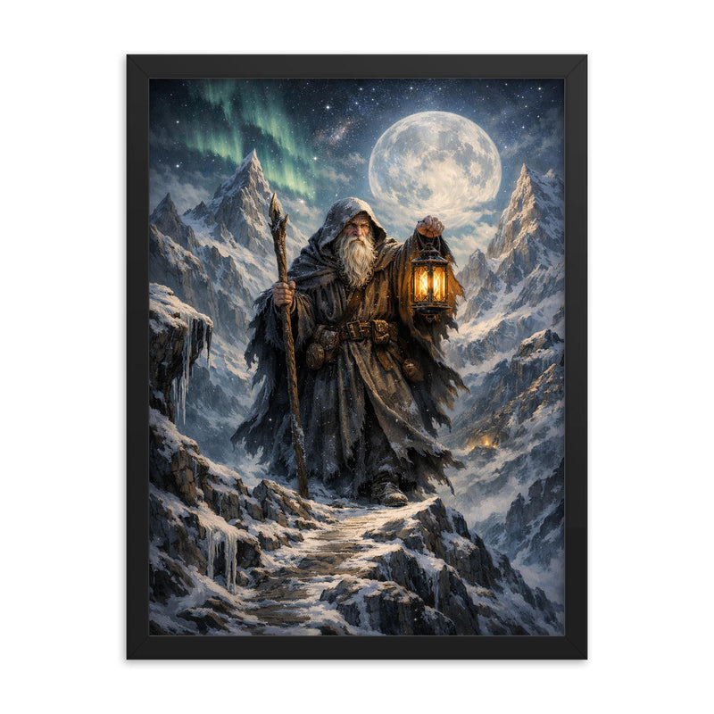 Tarot like Hermit atop icy mountain pass framed print on a plain backdrop in size 18
