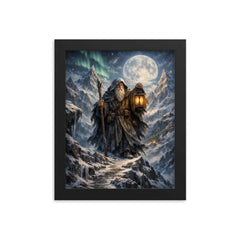 Tarot like Hermit atop icy mountain pass framed print on a plain backdrop in size 8"x10".