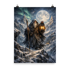 Tarot like Hermit atop icy mountain pass poster on a plain backdrop in size 8"x10".