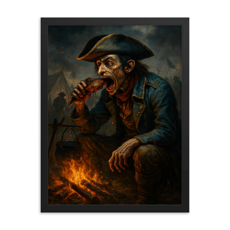 Tarrare at the battlefield campfire framed print on a plain backdrop in size 18