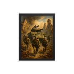Task Force Butler crossing shattered French village framed print on a plain backdrop in size 12"x16".