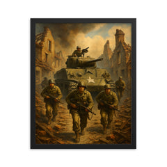Task Force Butler crossing shattered French village framed print on a plain backdrop in size 16"x20".