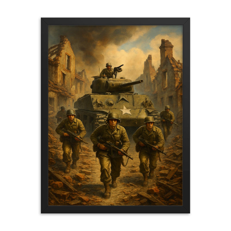 Task Force Butler crossing shattered French village framed print on a plain backdrop in size 18